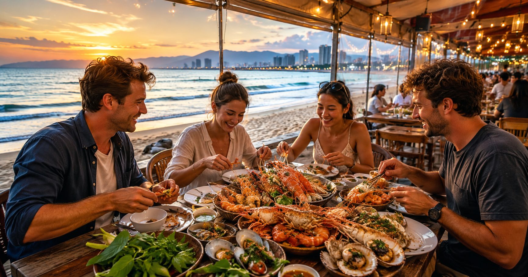 Savoring a vibrant feast of the best seafood in Da Nang at a transparent local beachfront restaurant.