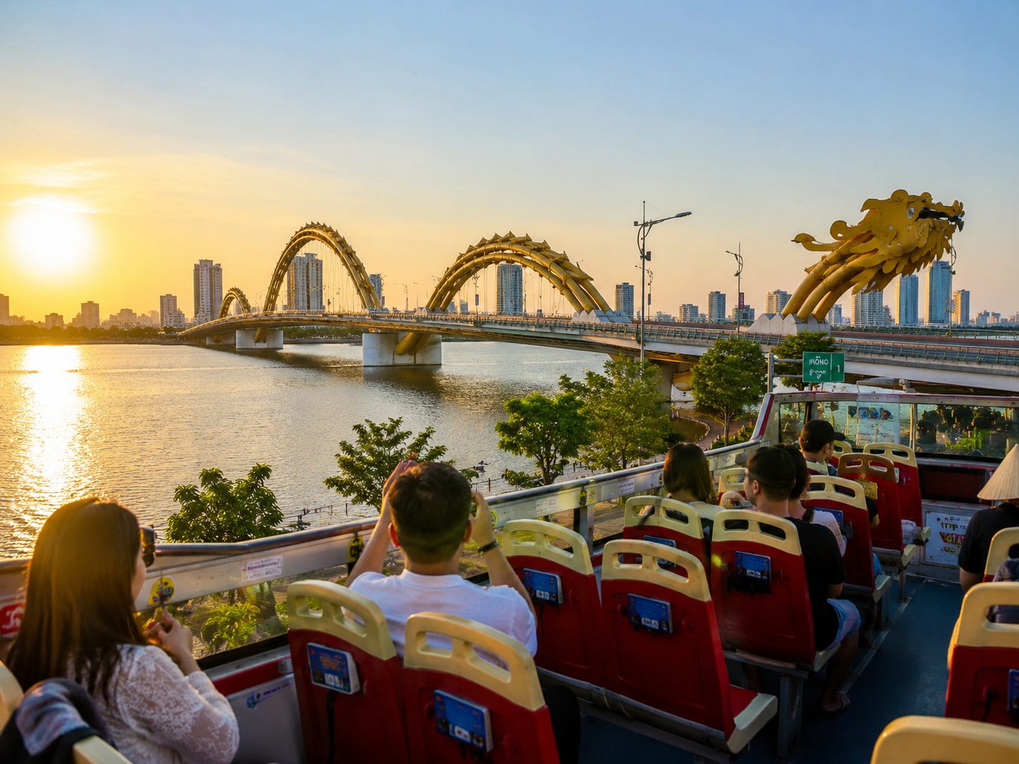 Panoramic view of the Dragon Bridge in Da Nang taken from the top deck of a hop on hop off da nang tourist bus.