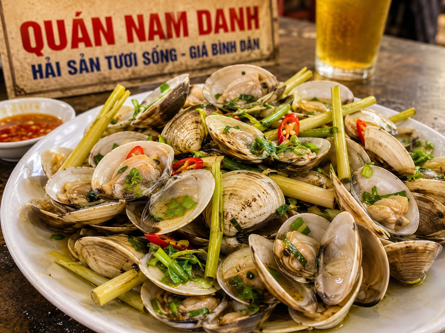 Fresh local clams steamed with lemongrass, representing the best seafood in Da Nang