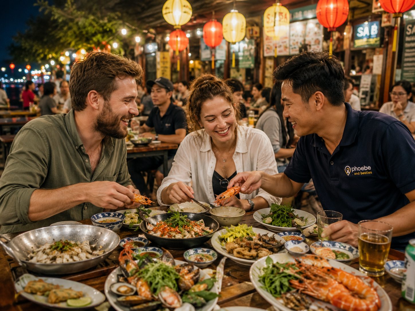 Happy tourists on a customized da nang private tour enjoying fresh local seafood with an expert guide.