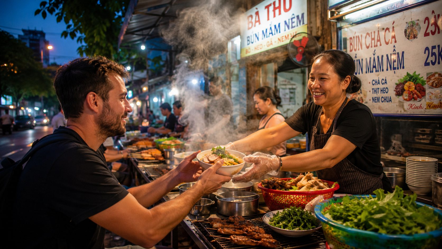 A vibrant street food stall in Da Nang serving authentic local dishes to travelers.