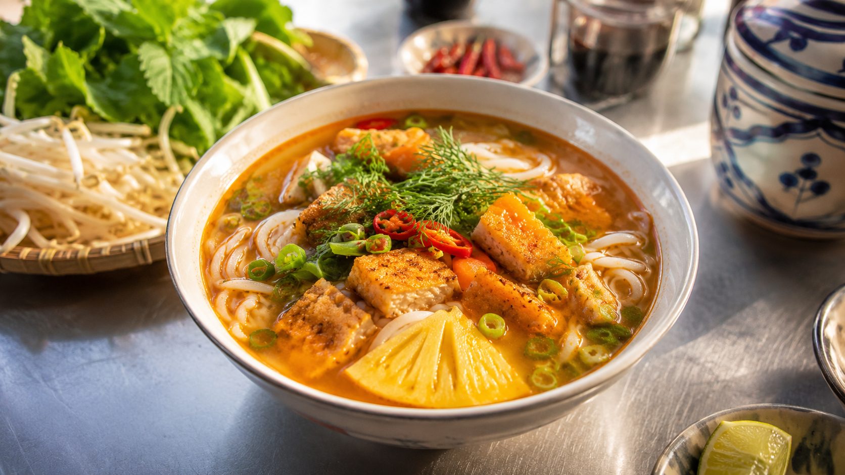 A colorful and comforting bowl of Da Nang style Bun Cha Ca noodle soup.