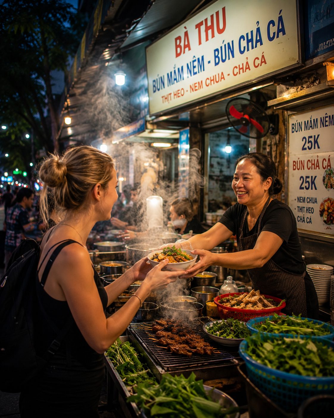 A vibrant street food stall in Da Nang serving authentic local dishes to travelers.