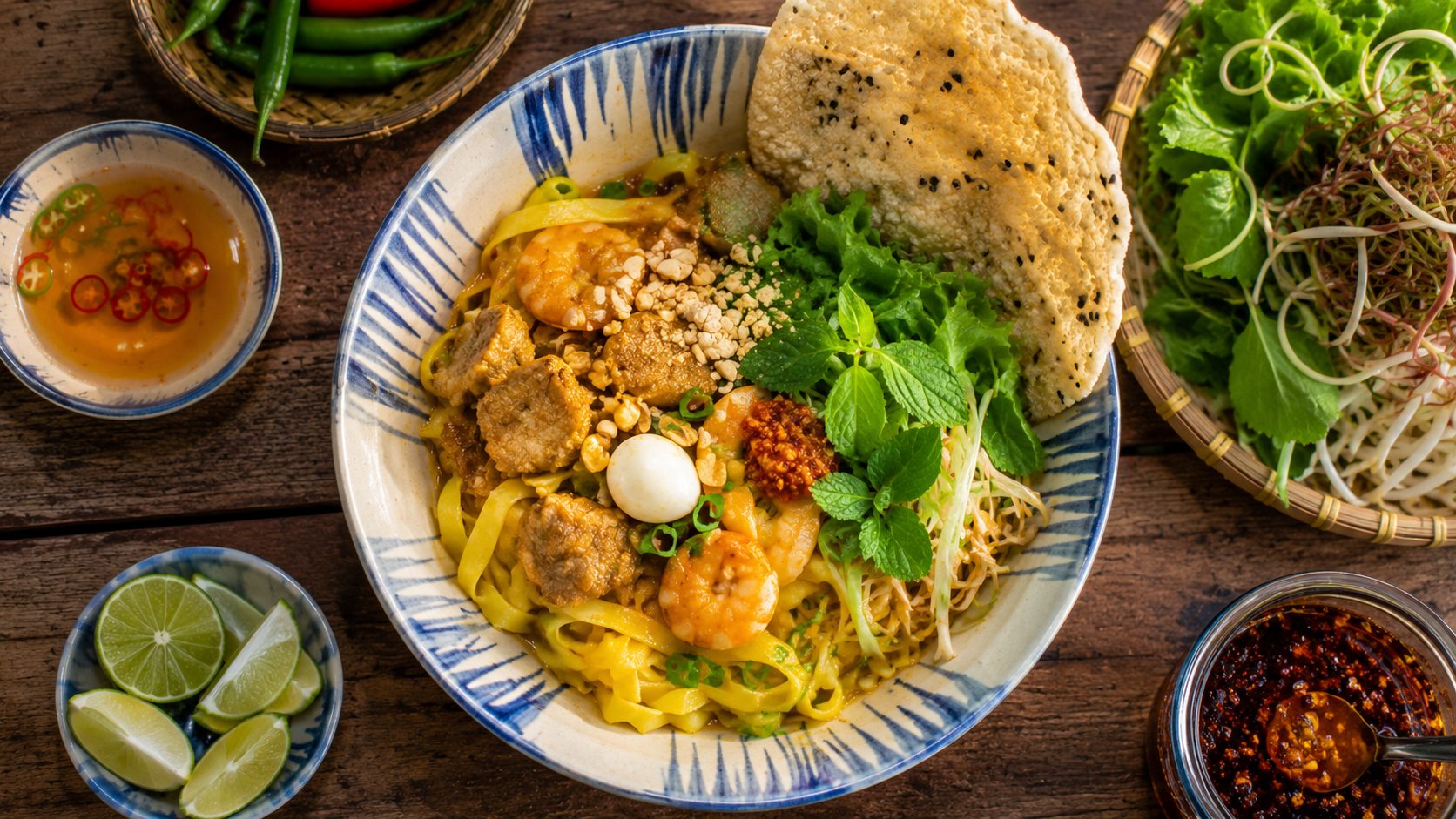 A traditional bowl of yellow Mi Quang noodles with pork, shrimp, and rice crackers.