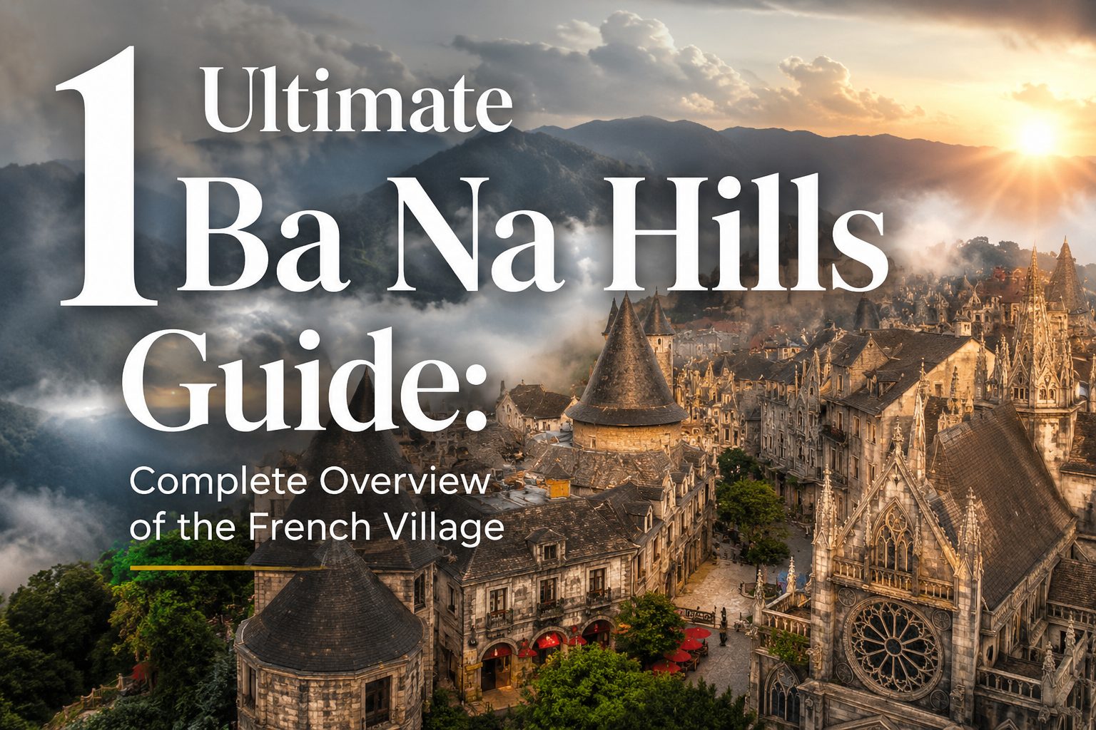 Panoramic view of the French Village during a visit to Ba Na Hills with title text.