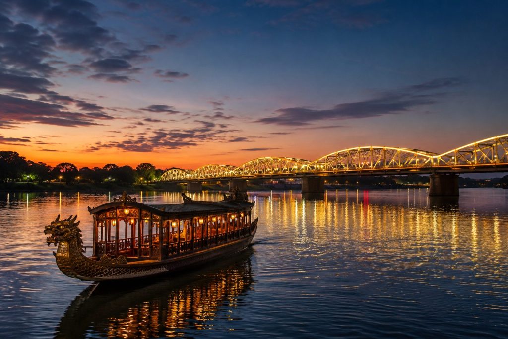 A traditional dragon boat cruising on the Perfume River during a Hue city tour.