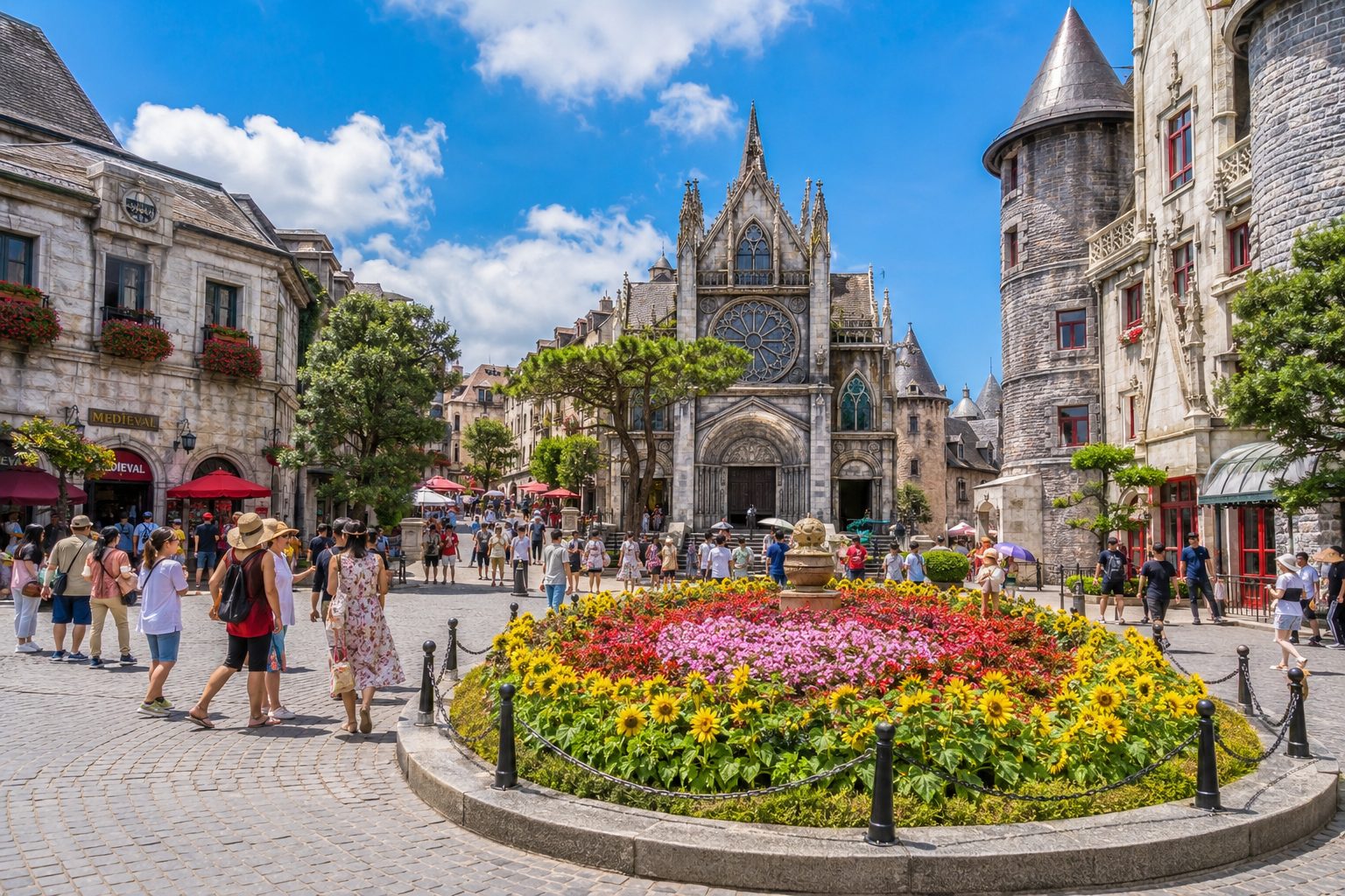 The charming cobblestone streets and medieval architecture of the French Village at Banahill.