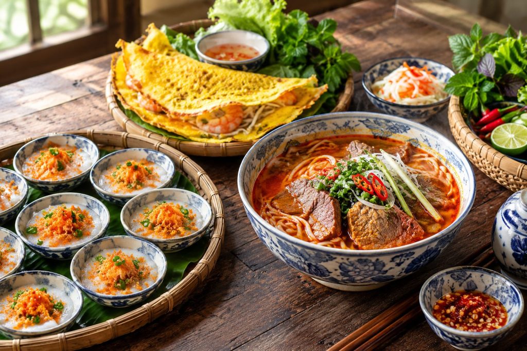 A delicious and vibrant spread of traditional Hue dishes including Bun Bo Hue, Banh Khoai, and Banh Beo.