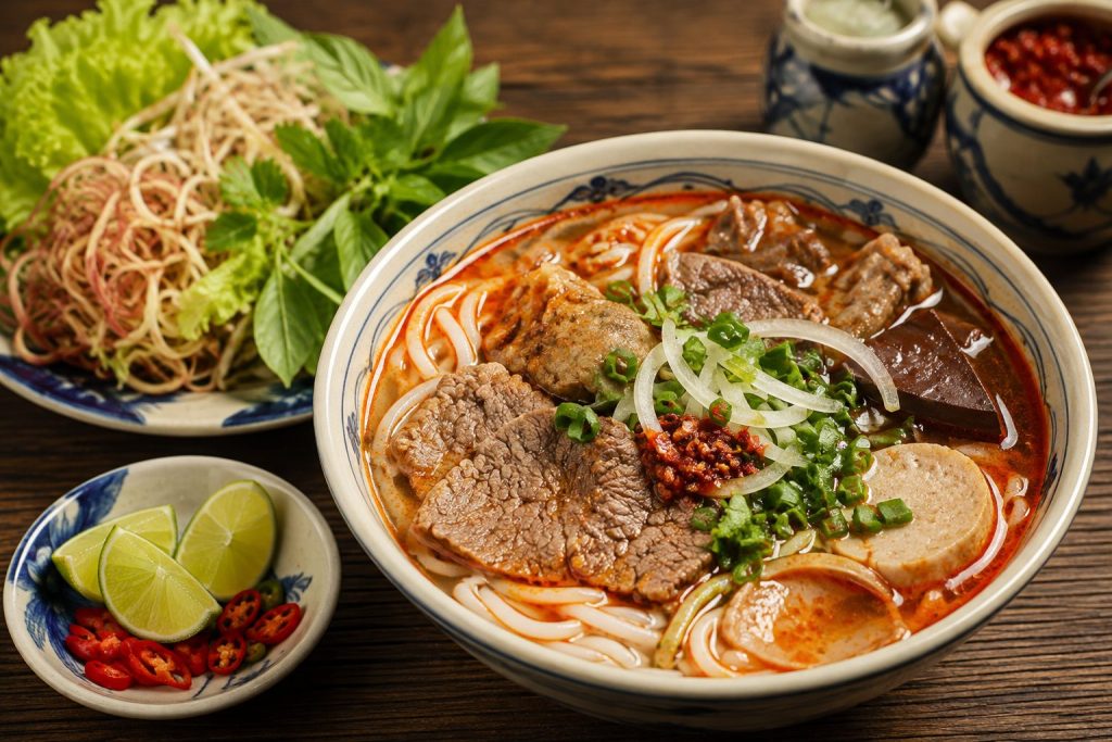 A steaming bowl of Bun Bo Hue, the signature dish to try on a Hue city tour.