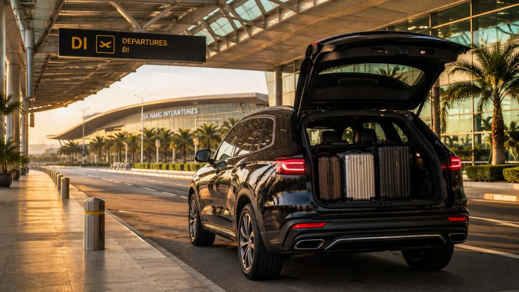 A premium private transfer vehicle arriving safely at Da Nang International Airport.