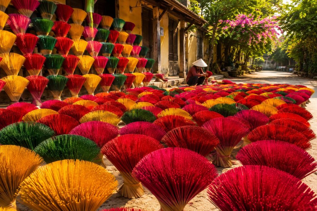 Colorful bouquets of drying incense sticks at Thuy Xuan Incense Village in Hue.