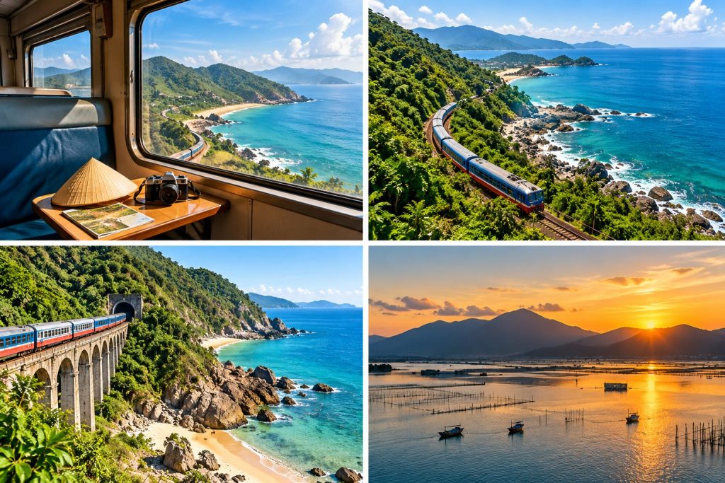 Coastal view from a Hue to Da Nang train window at Hai Van Pass.