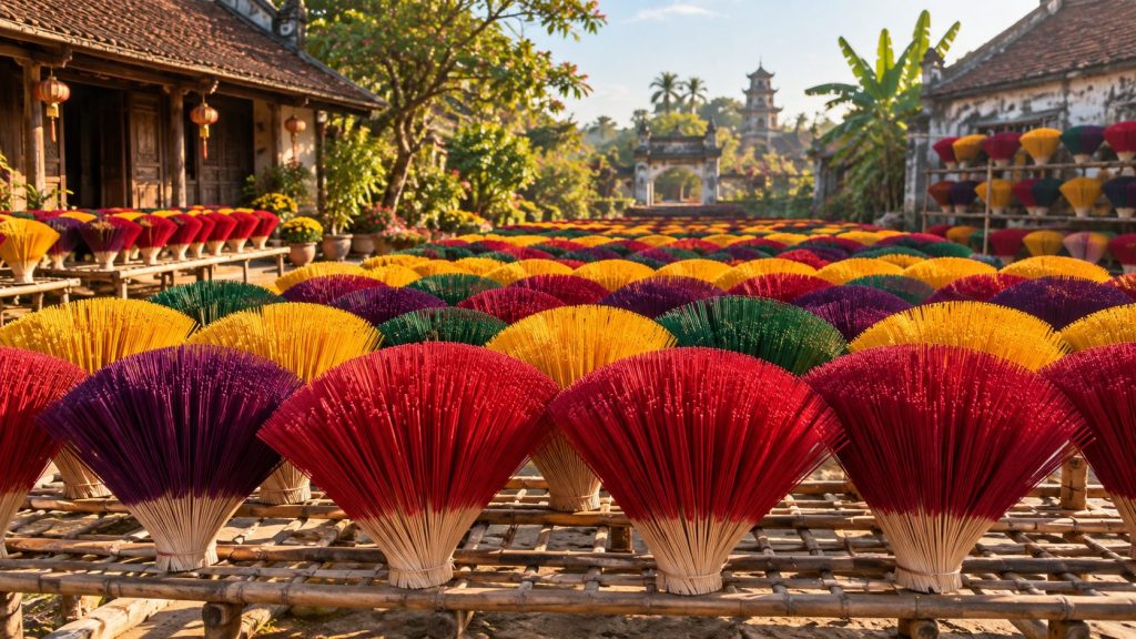 Colorful bundles of bamboo incense sticks drying under the sun at Thuy Xuan village in Hue