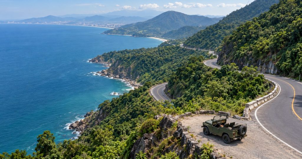 Vintage jeep parked at a scenic viewpoint on the Hai Van Pass.