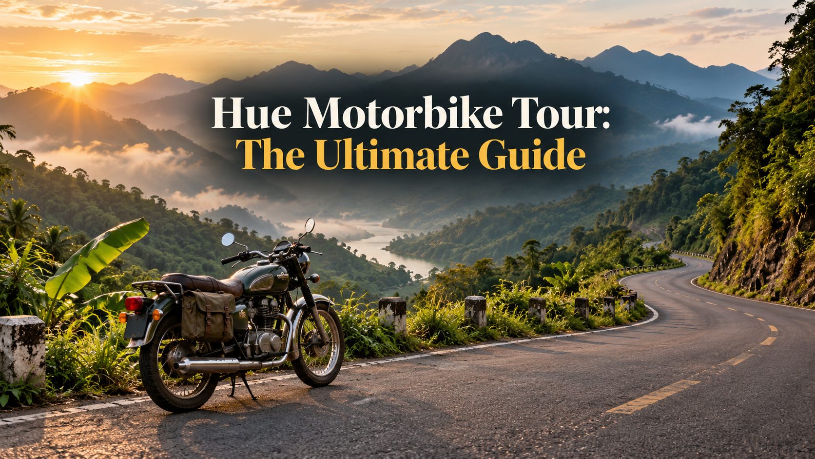Hue motorbike tour guide banner featuring a classic motorcycle on a scenic mountain road in Central Vietnam