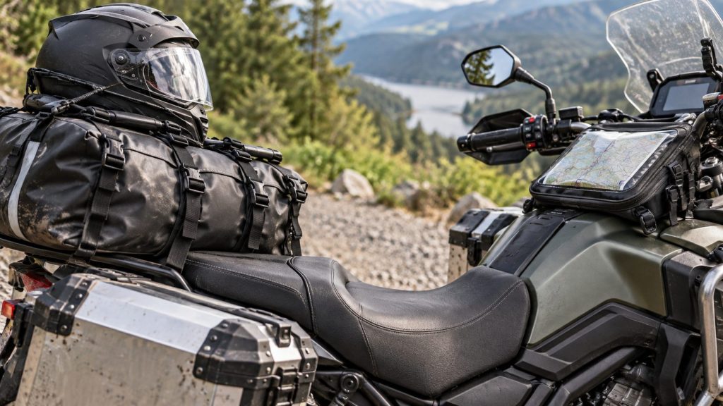 Touring motorcycle equipped with luggage straps and safety helmet on a road trip