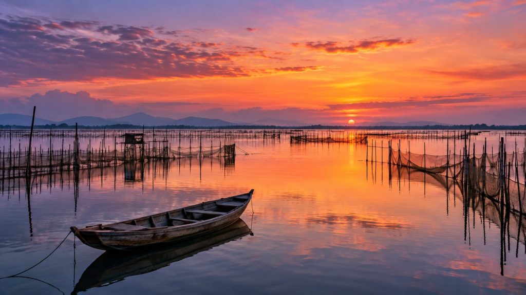 Sunset reflections over the peaceful waters of Tam Giang Lagoon near Hue