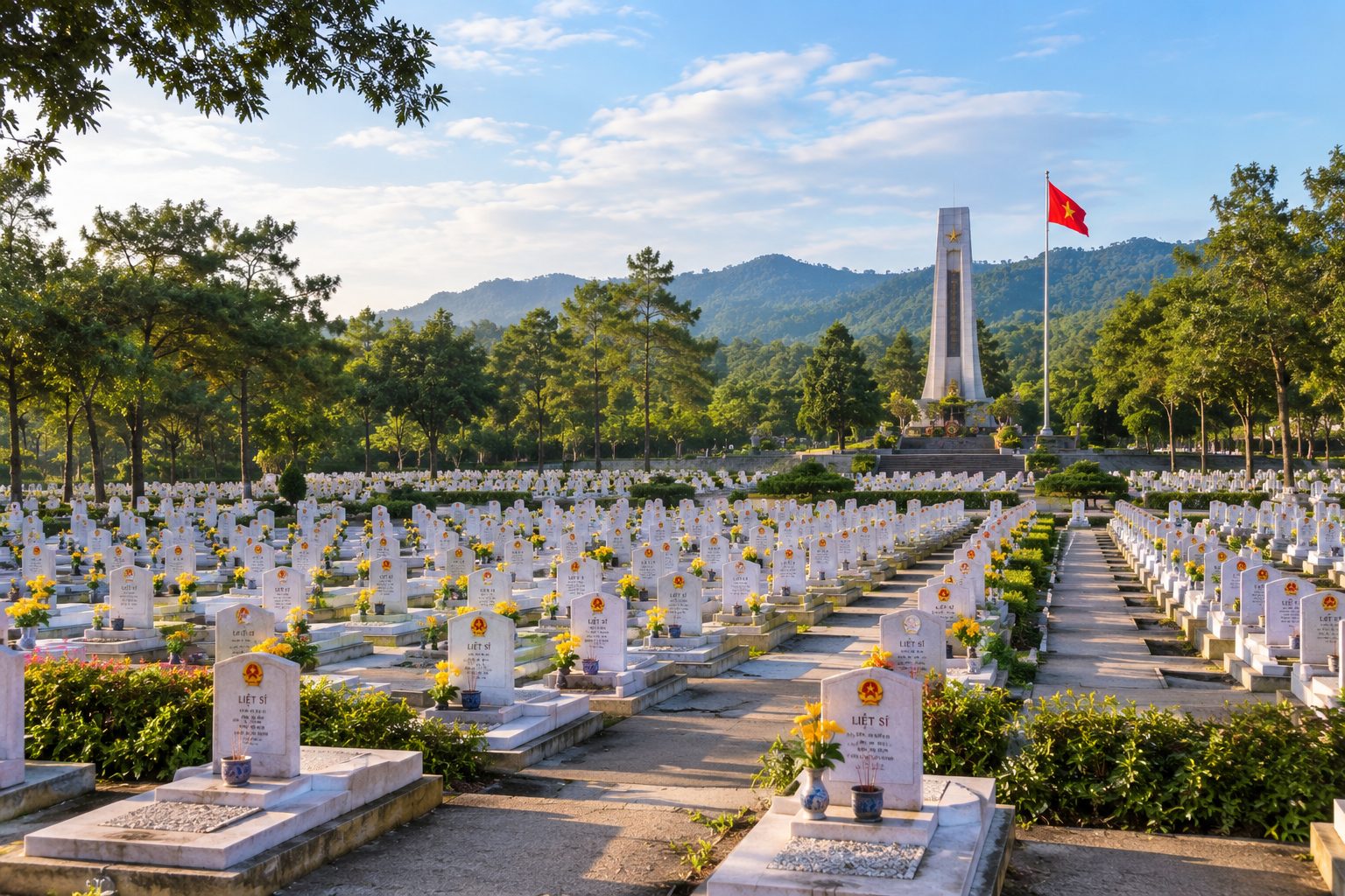 The vast expanse of white graves at the Truong Son National Cemetery.