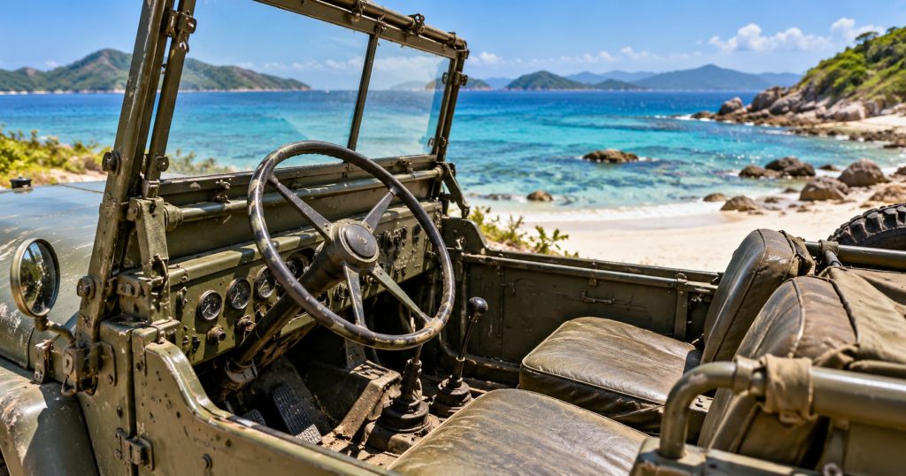 Interior view of a vintage open-top jeep on a Vietnam beach.