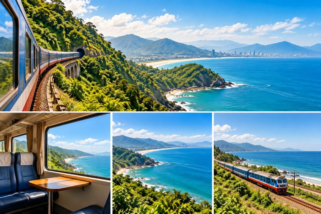 Interior of the Hue to Da Nang heritage train with panoramic coastal views.