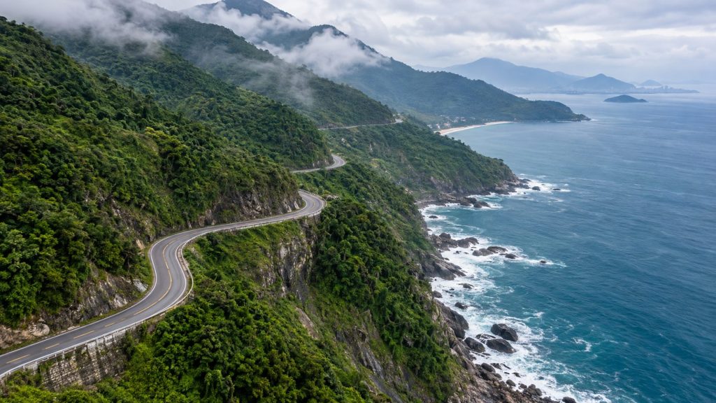 Winding asphalt road of the Hai Van Pass curving along coastal mountain cliffs