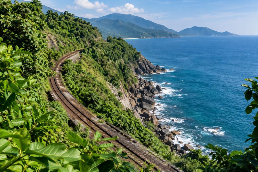 Railway tracks winding along the ocean cliffs below Hai Van Pass