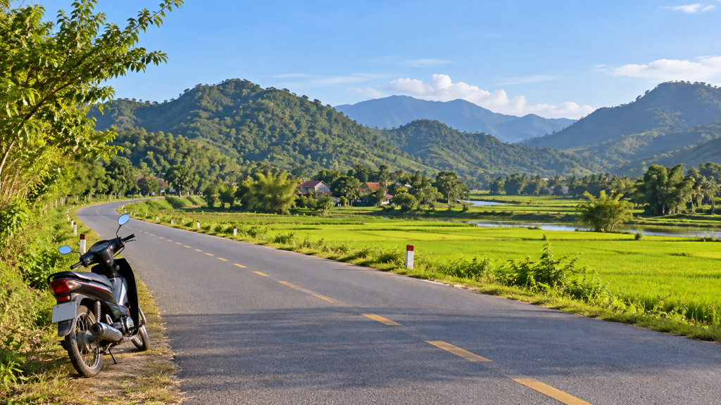Motorbike beside a rural road on the journey from Hoi An to My Son
