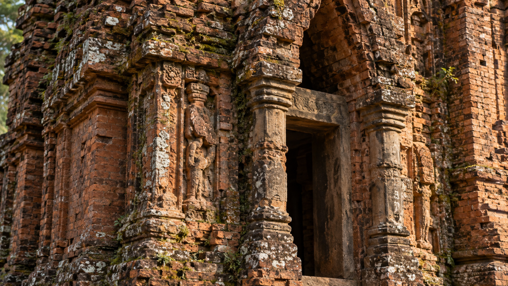 Weathered Cham brickwork and recessed doorway at My Son Sanctuary