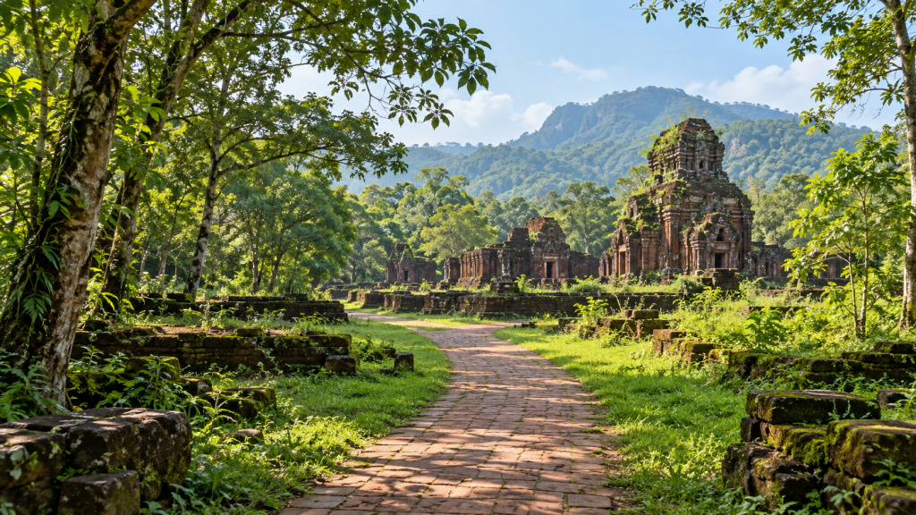 Empty visitor path through greenery toward Cham temple ruins