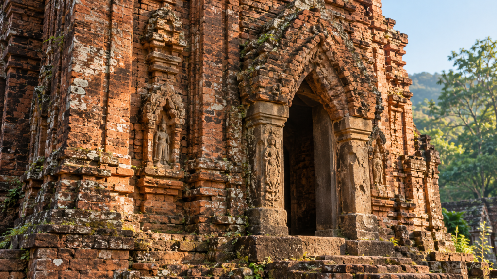 Weathered red-brick Cham temple facade with an arched doorway at My Son