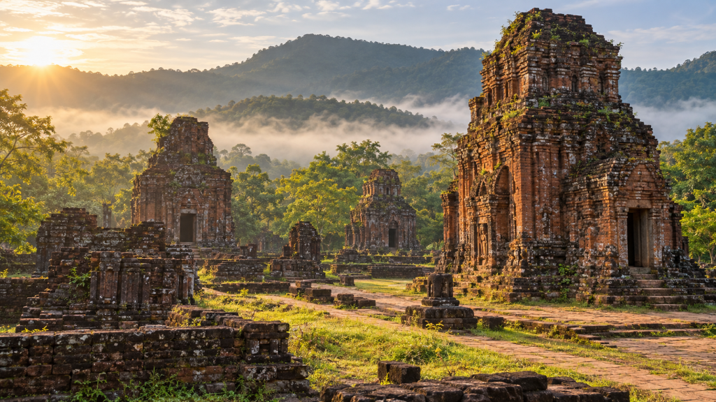 Ancient Cham brick towers in the green valley of My Son Sanctuary at morning light