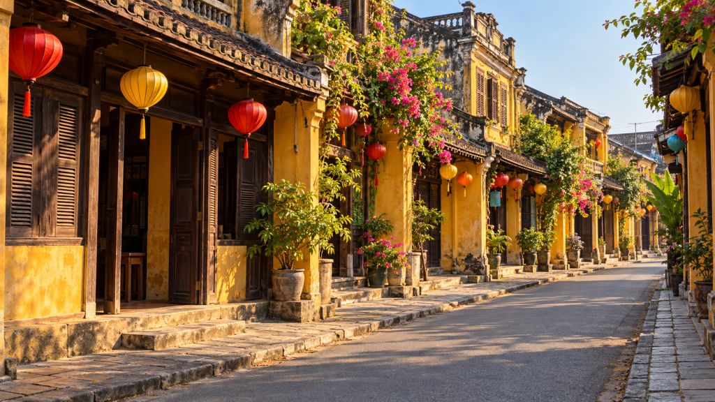 Yellow heritage shophouses and lanterns along a quiet street in Hoi An Ancient Town