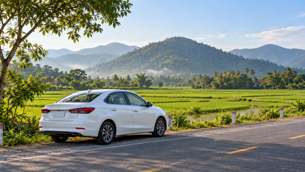 Private car beside rice fields on the route from Hoi An to My Son Sanctuary