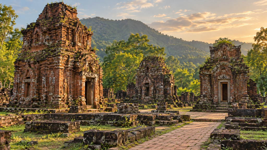 Cham brick temple towers and visitor walkway at My Son Sanctuary