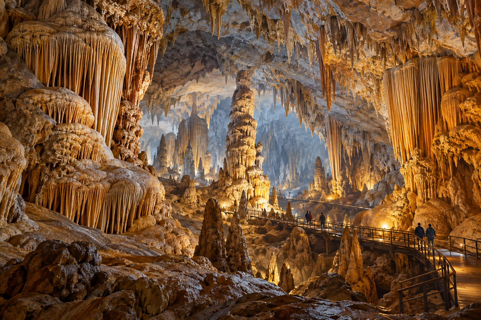 Illustration of limestone stalactites and stalagmites inside a large cave chamber