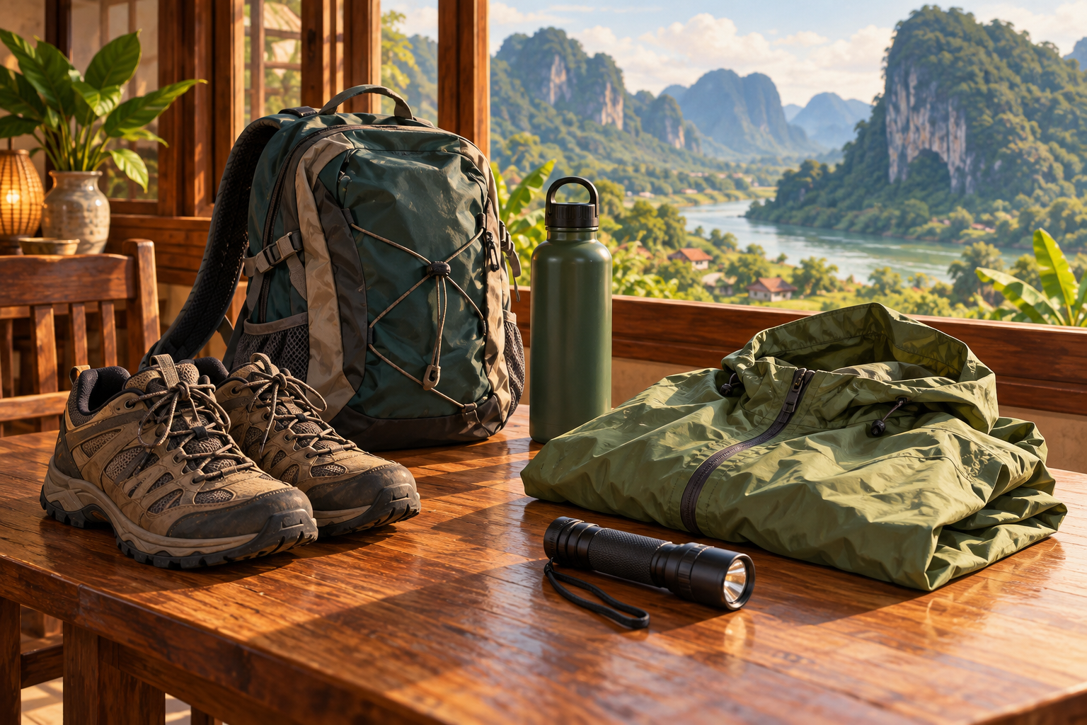Illustration of comfortable shoes, a daypack, water bottle and rain jacket for a cave tour