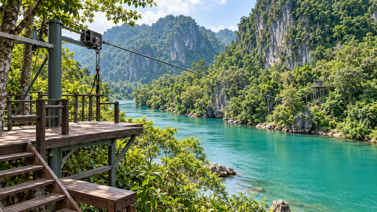 Zipline platform above the Chay River near Dark Cave in Phong Nha