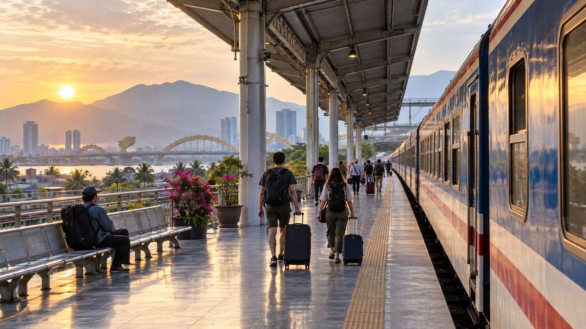 Da Nang railway platform before a journey toward Dong Hoi
