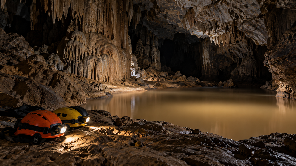 Helmets beside a natural muddy pool inside Dark Cave