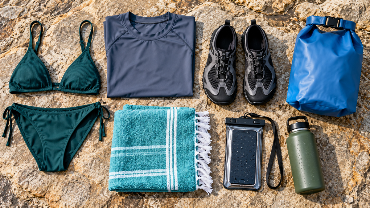 Swimwear, shoes, towel and waterproof bag for a Dark Cave tour