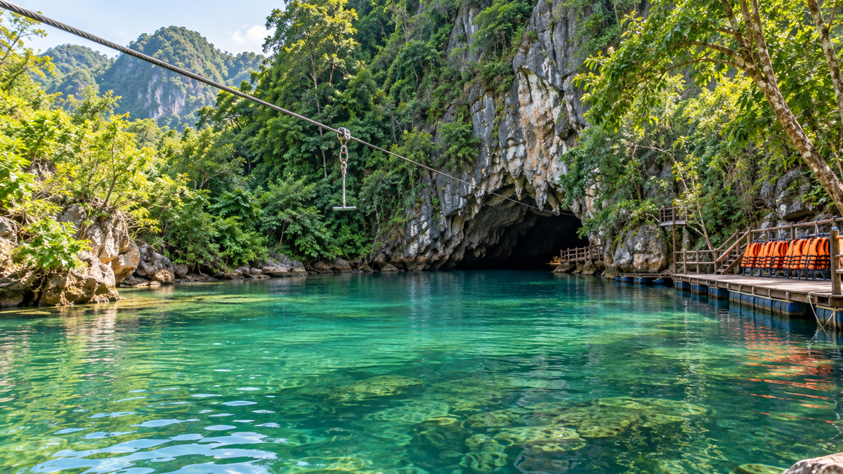 Chay River and natural entrance to Dark Cave with zipline above