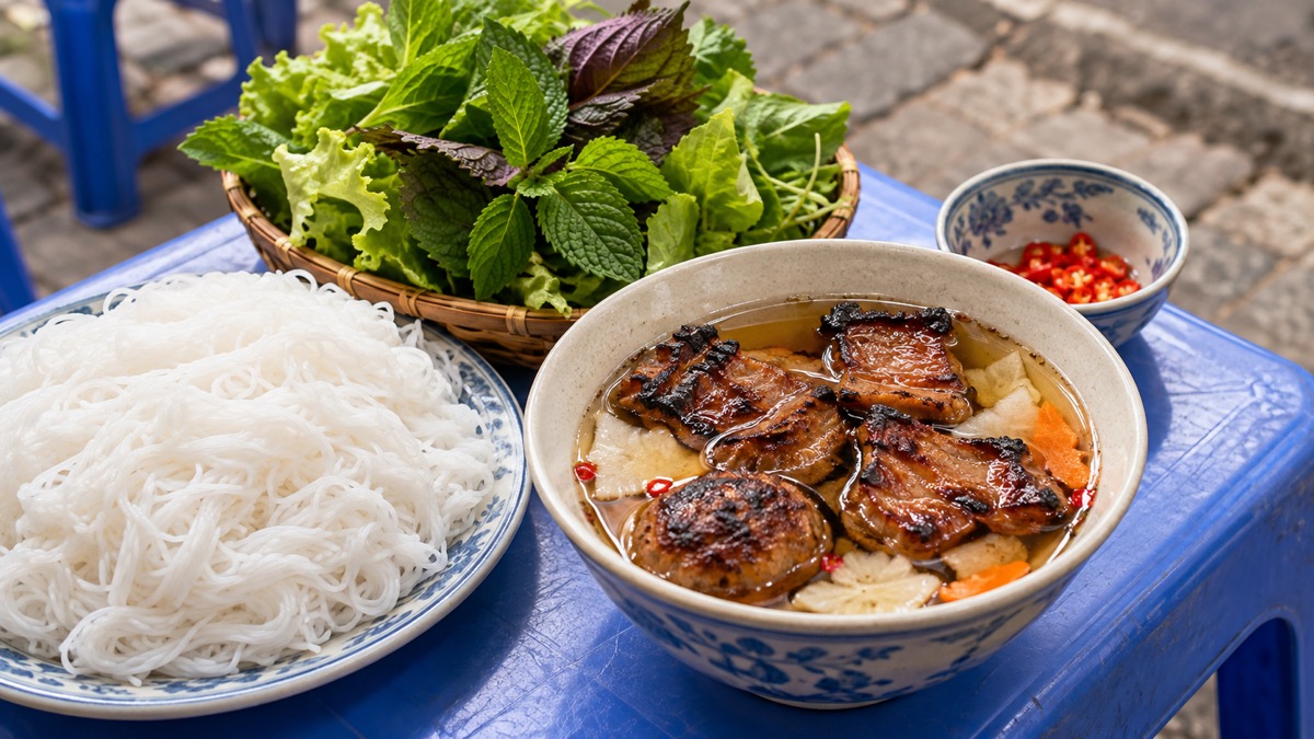 Hanoi bun cha with grilled pork rice noodles herbs and dipping sauce