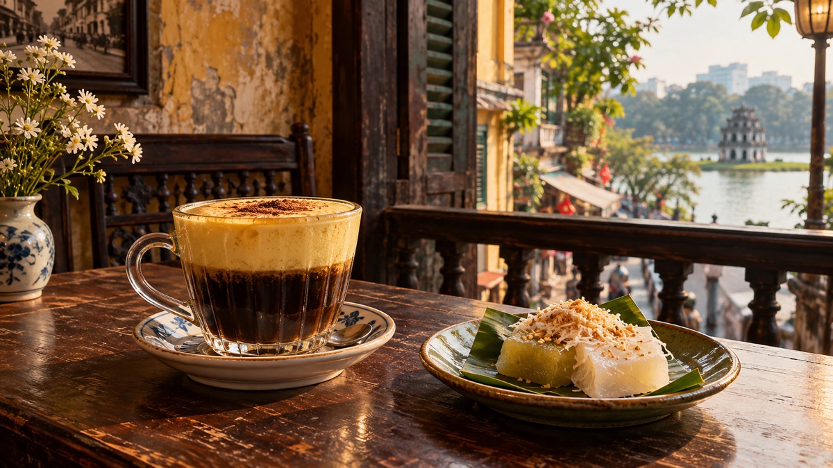 Hanoi egg coffee with a traditional sweet dessert in an Old Quarter cafe