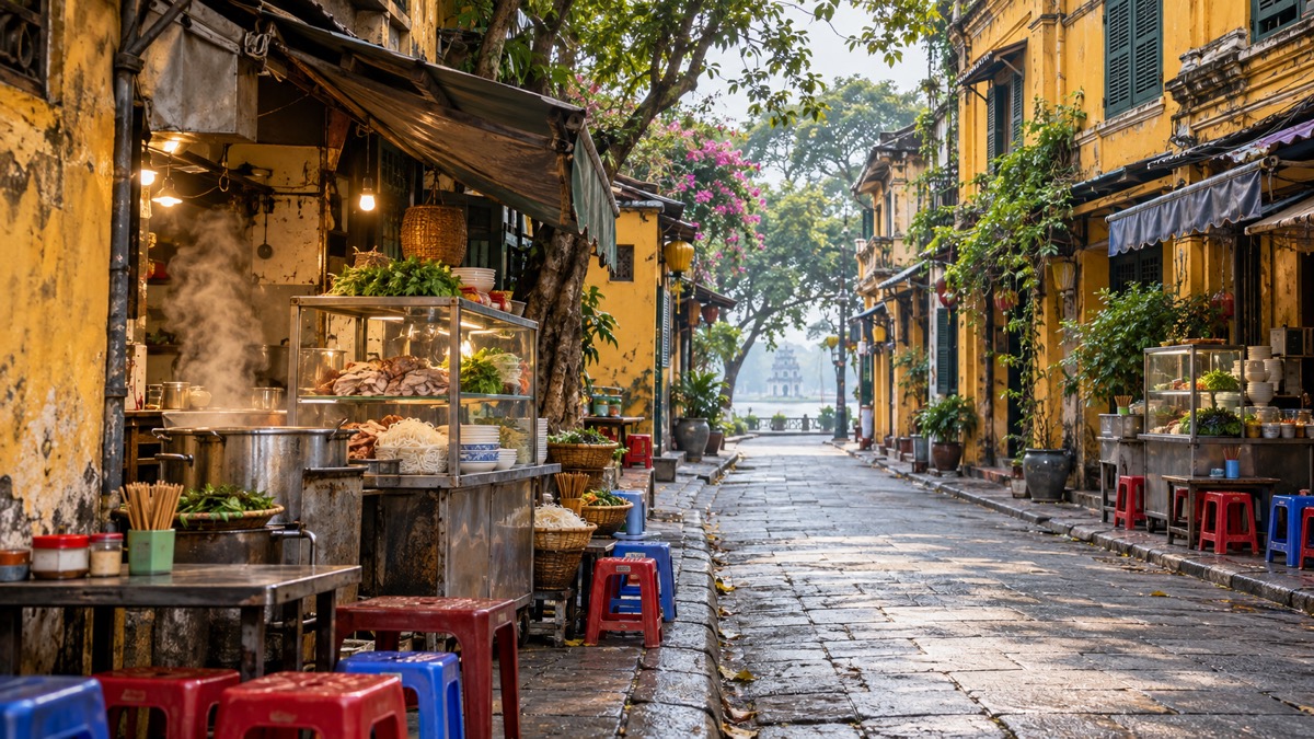 Hanoi Old Quarter lane with street food counters