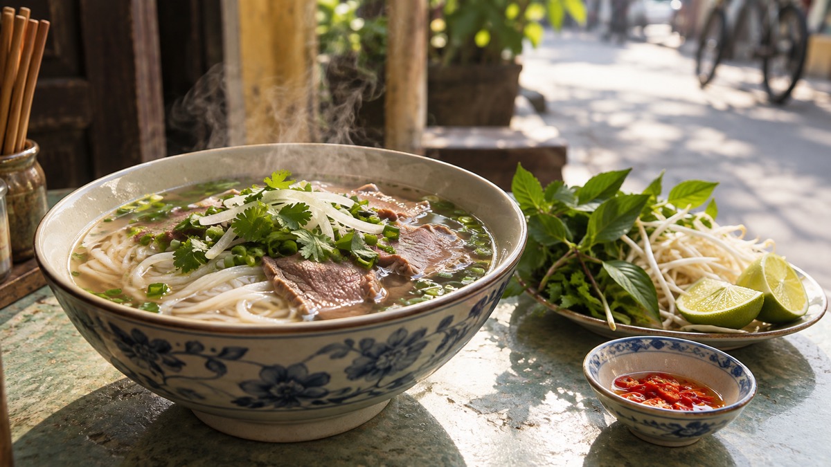 Steaming bowl of Hanoi pho with noodles and herbs
