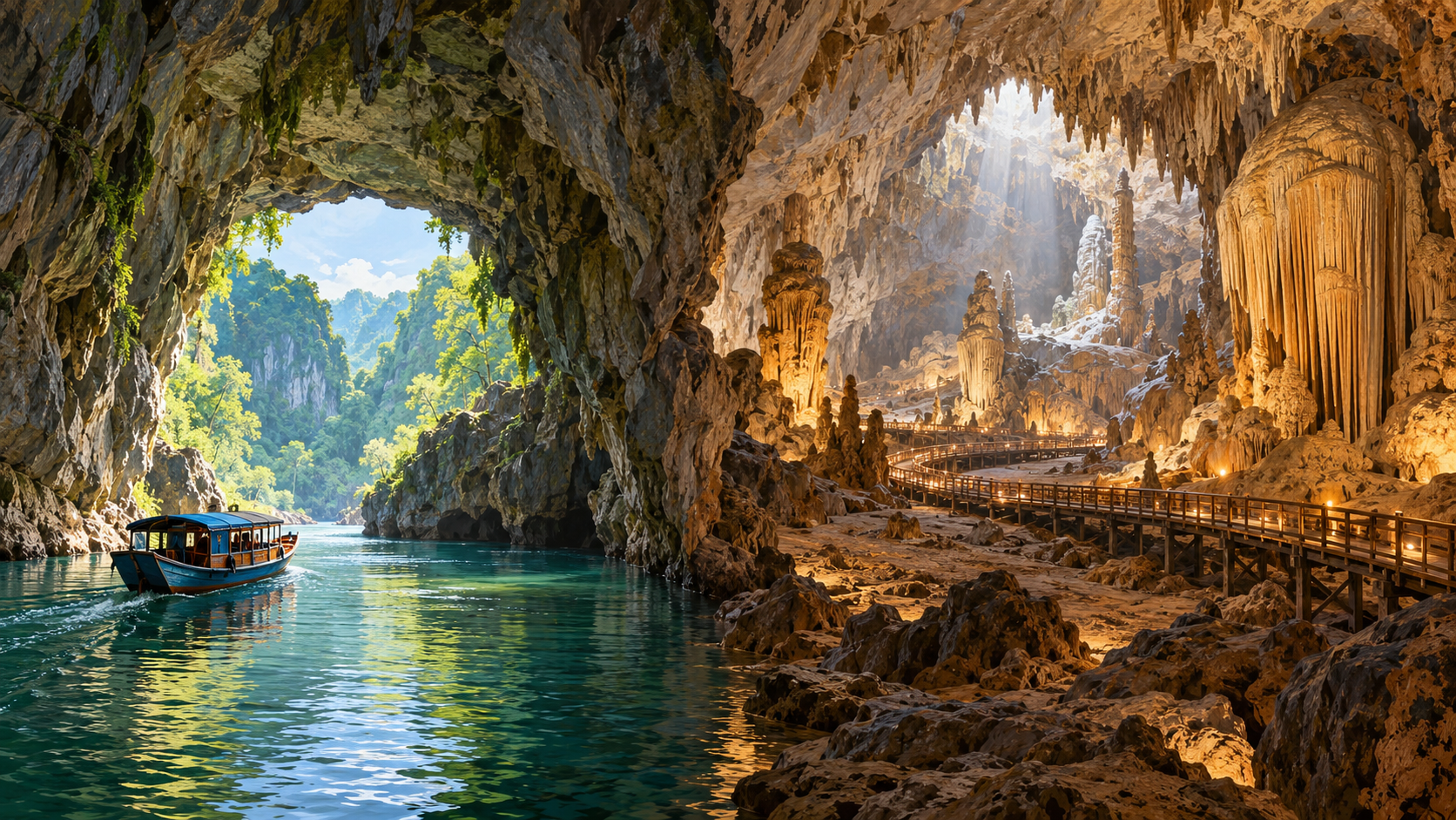 Illustration comparing a Phong Nha river cave boat trip with a Paradise Cave walkway