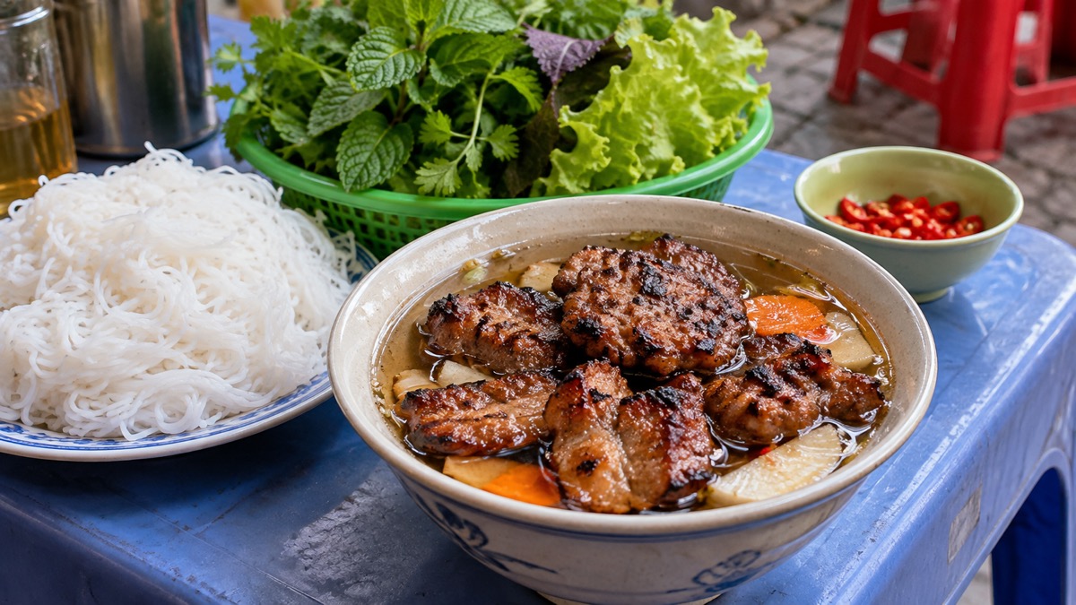 Hanoi bun cha with grilled pork, rice noodles and herbs
