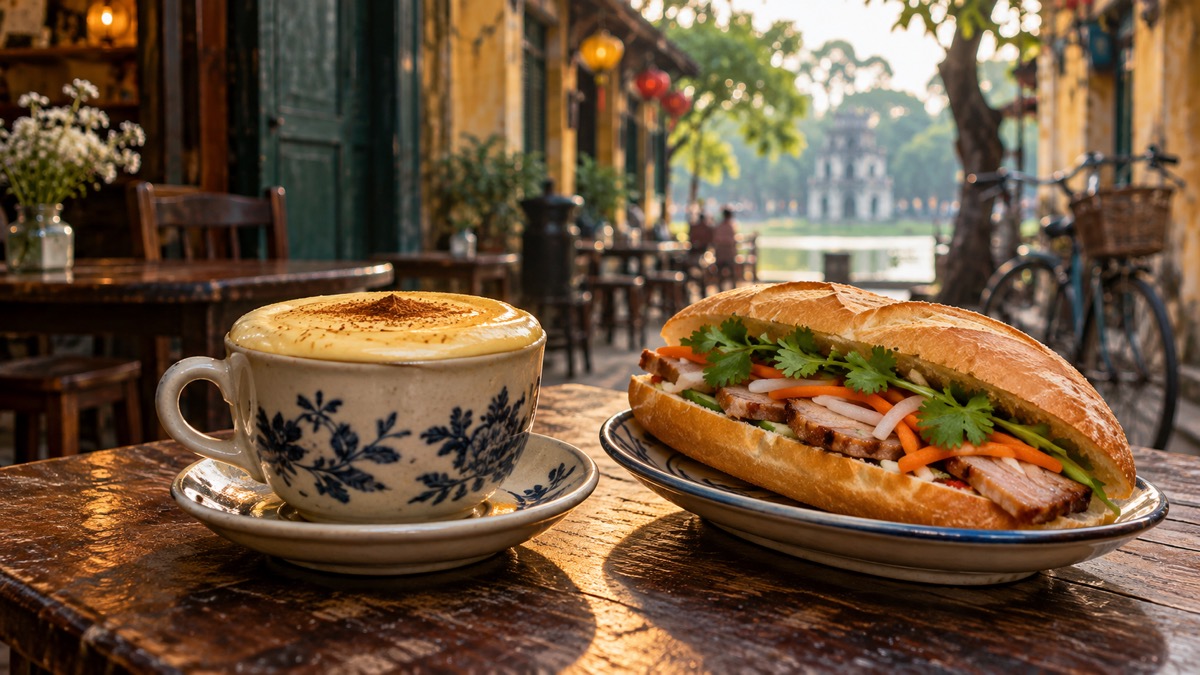 Hanoi egg coffee and banh mi at an Old Quarter cafe