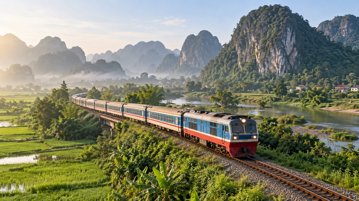 Illustration of a train crossing countryside toward Phong Nha
