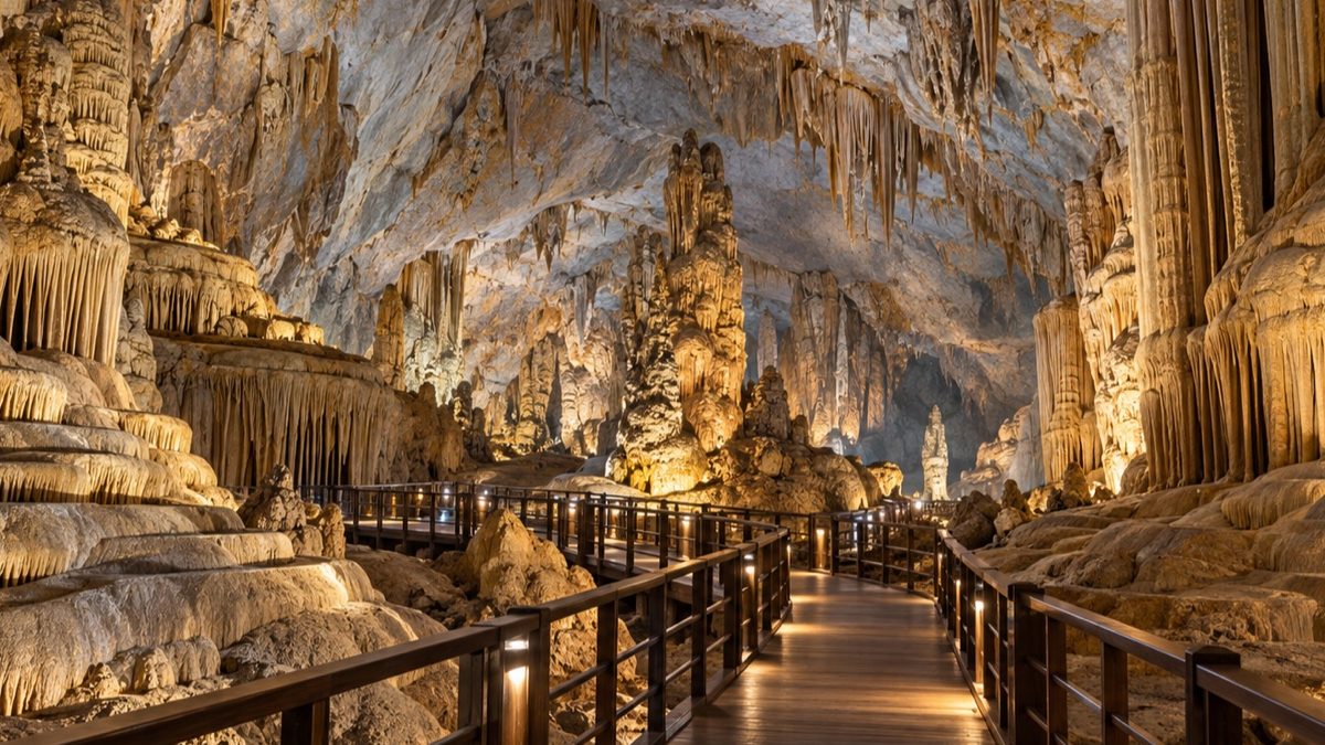 Wooden boardwalk and limestone formations inside Paradise Cave